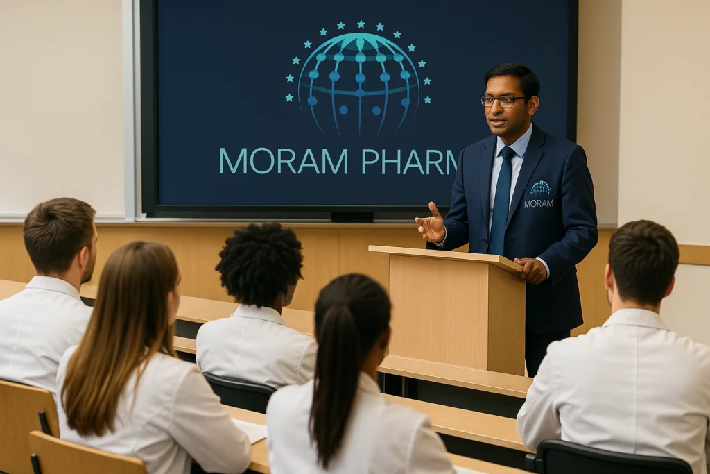 Man in a suit presents at a podium in a classroom while five people in lab coats listen, with "Moram Pharm" and a globe logo displayed on the screen.