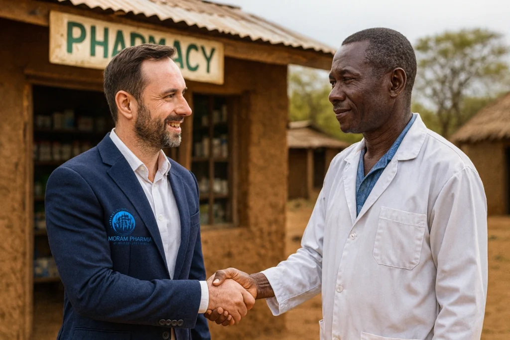 Man in suit shakes hands with pharmacist in a white coat outside a rural pharmacy.